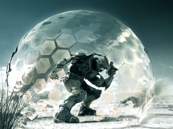 The Master Chief using a Bubble Shield to survive incoming fire.
